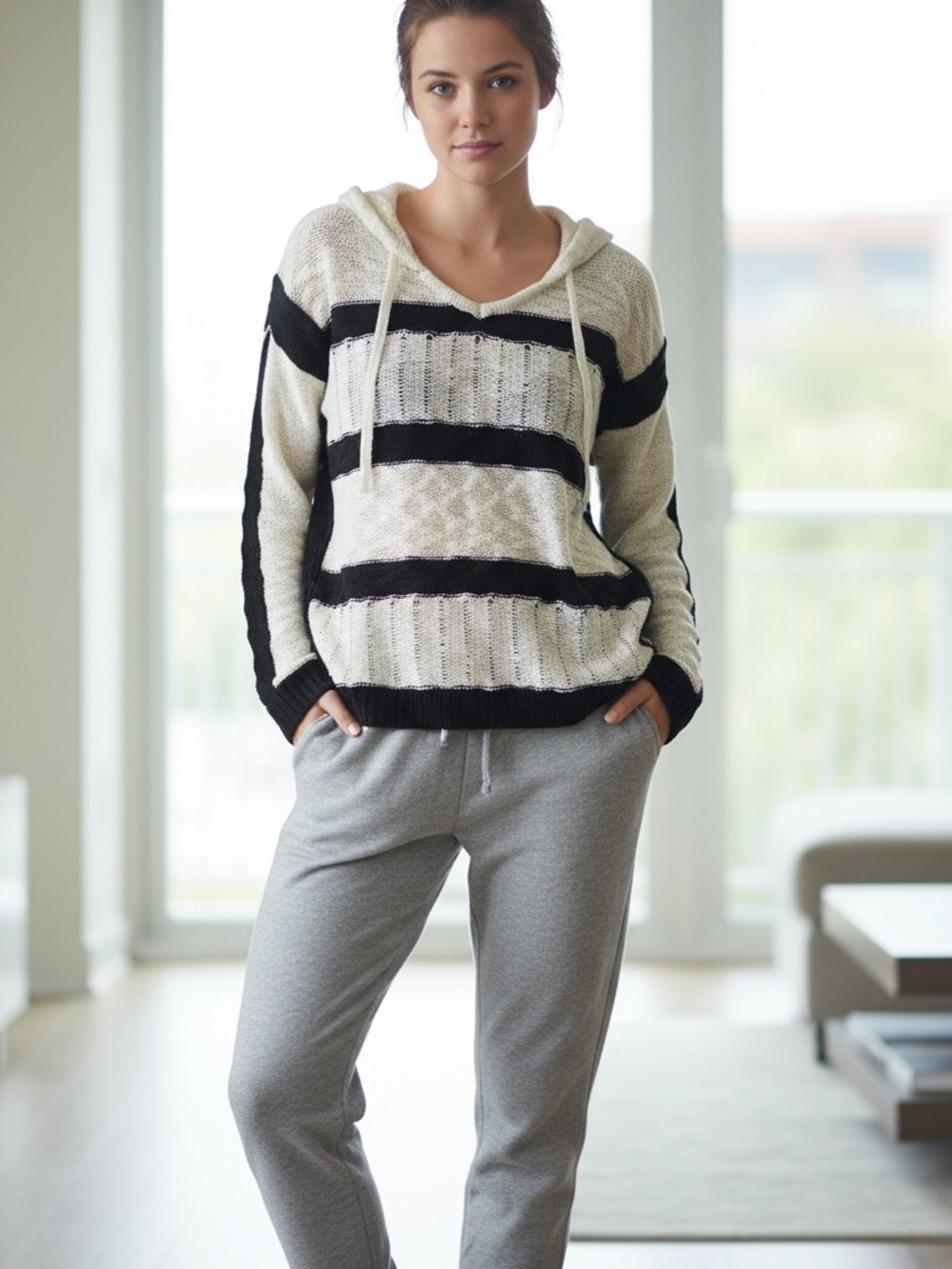Love Tree Striped Hooded Sweater in Ivory and Black